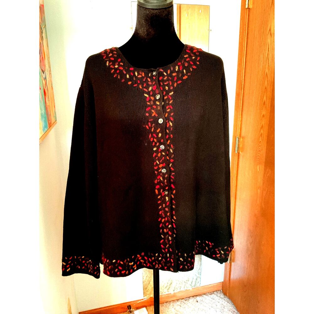 Vtg J Jill 100% Cotton Cardigan 100% Wool Embroidered Trim Sweater Hong Kong L